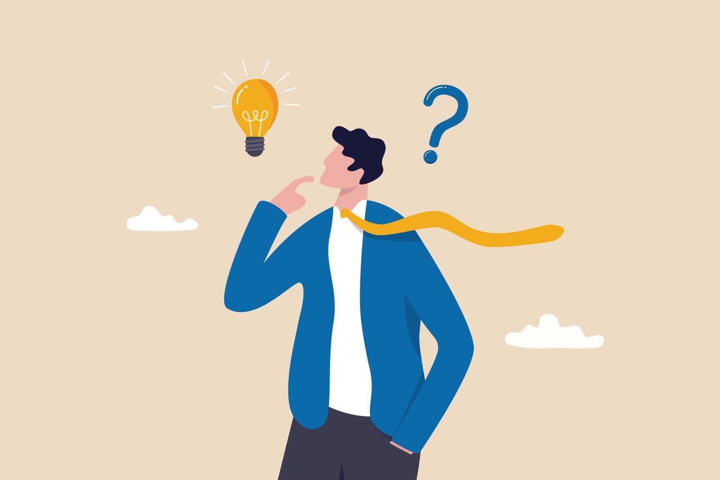 Solution to solve problem, asking question and answer, discover idea, solving business difficulty concept, thoughtful businessman think of solution to solve problem with lightbulb and question mark. vector