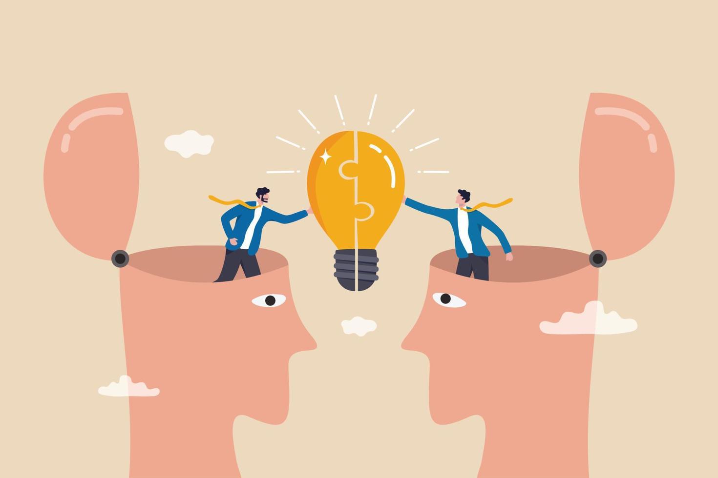 Understanding lead to success, agreement or think together to find solution to solve problem, insight or team communication concept, businessmen partner open their head to connect lightbulb jigsaw. vector