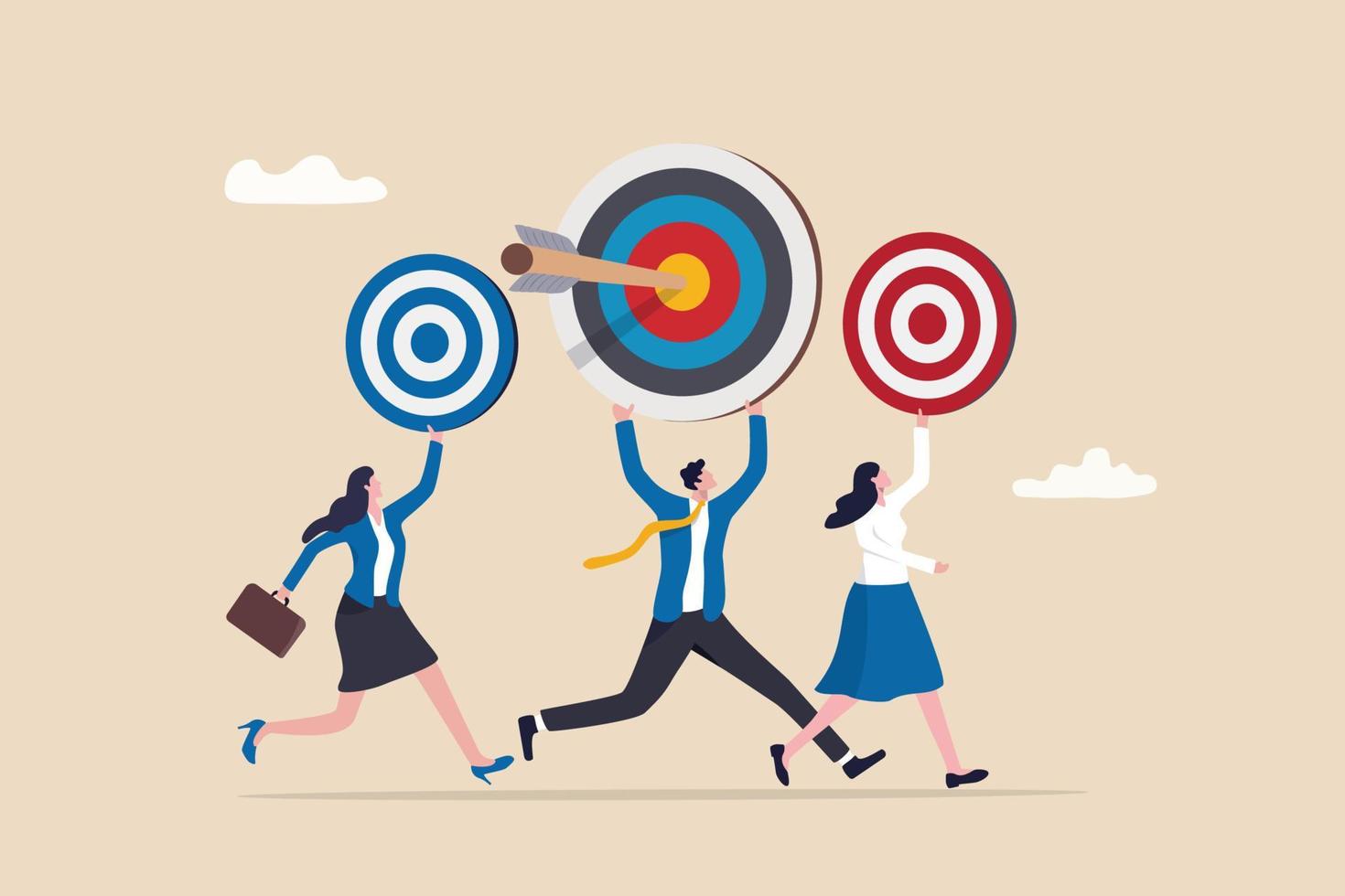 Personal goal for career development, individual target to achieve for job evaluation, objective or purpose concept, businessman and businesswoman office workers walking with their personal goals. vector