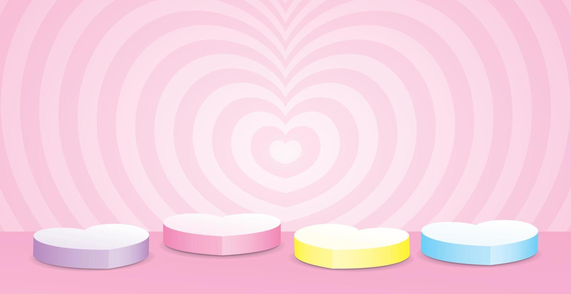 vector de ilustración 3d de podios en forma de corazón pastel dulce con fondo de pared gráfico de corazón lindo para poner su objeto
