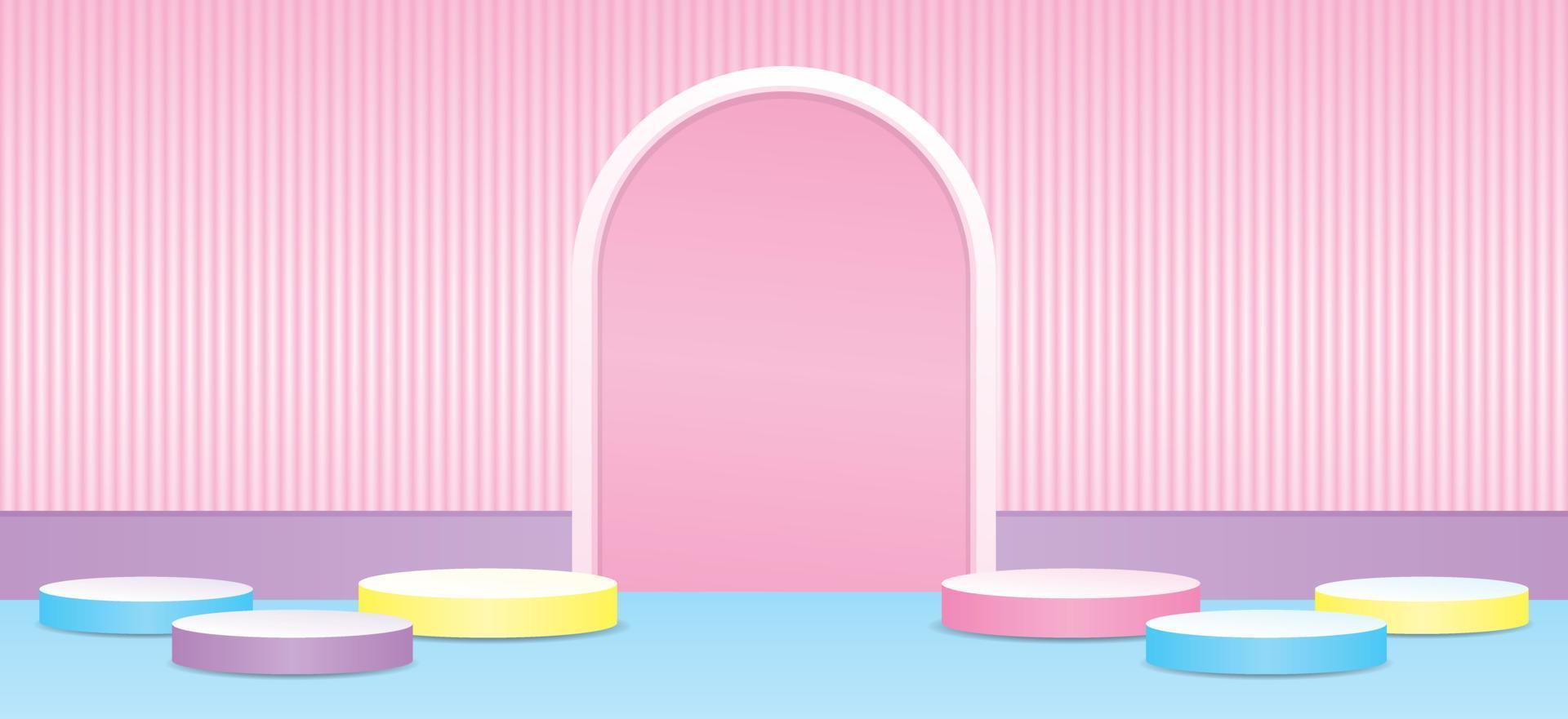 linda pantalla de podio de color pastel dulce femenino con fondo de arco vector de ilustración 3d para poner su objeto