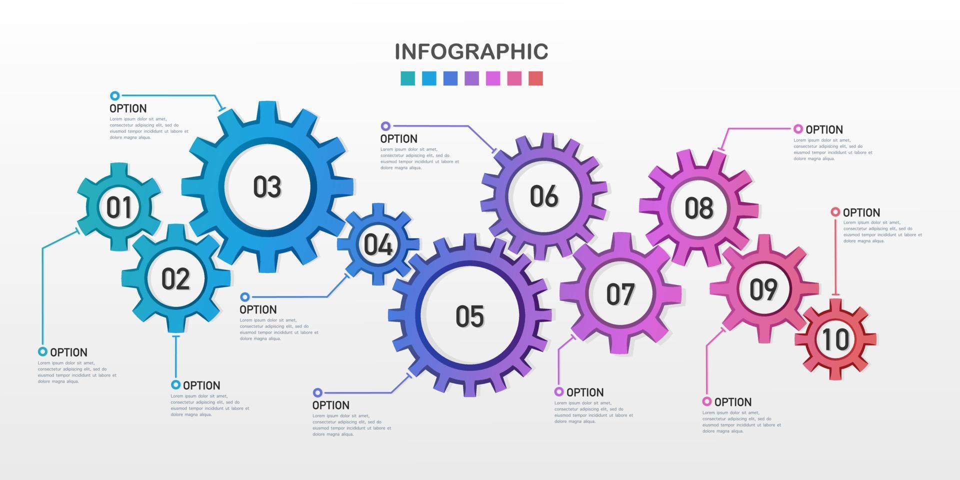 Timeline presentation 10 options gear colorful gradient. Anniversary 10th years. Planning 10 years vector