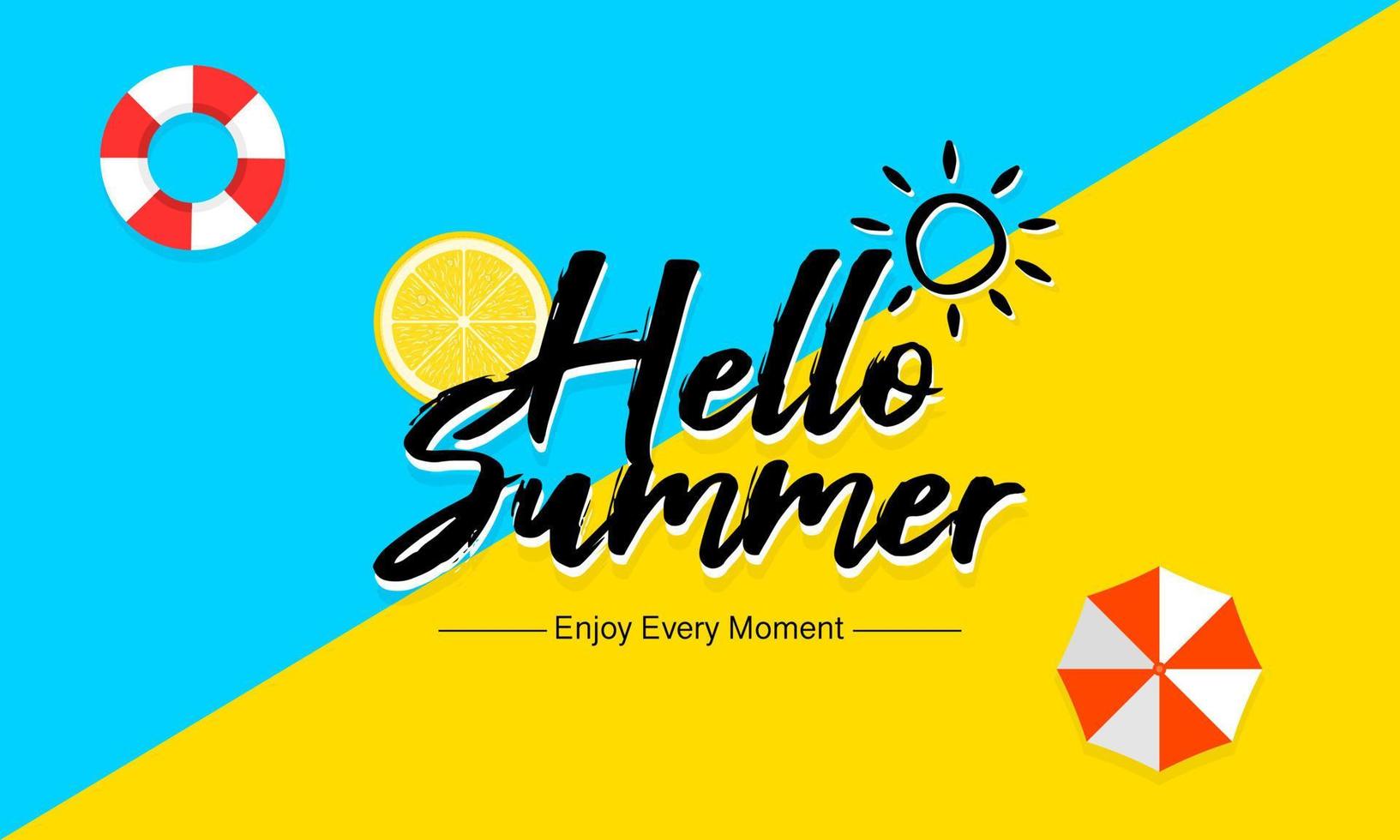 Hello, Summer poster or banner. Hello, summer with a blue and yellow color background vector