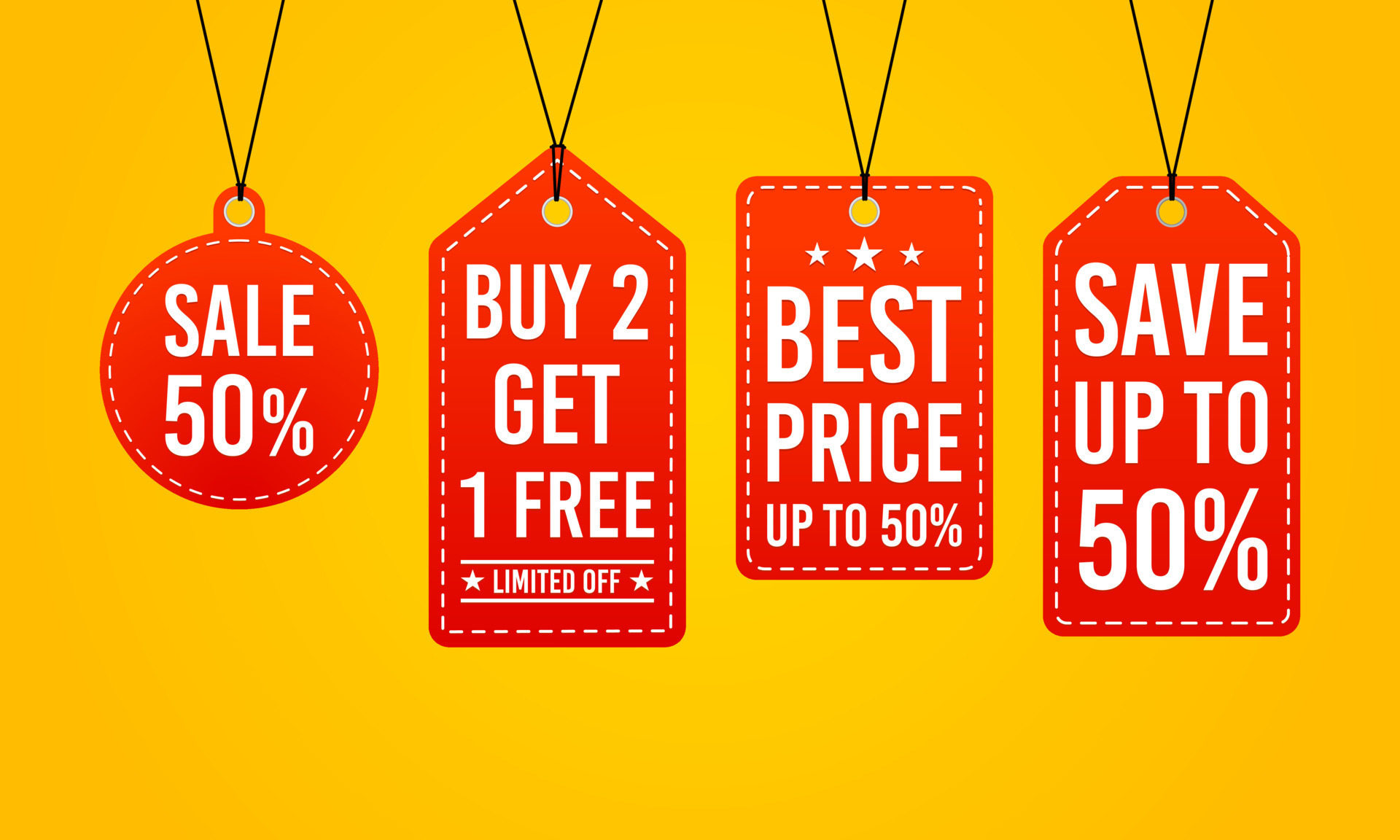 Set of sale red tags and labels on yellow background. Shopping tags