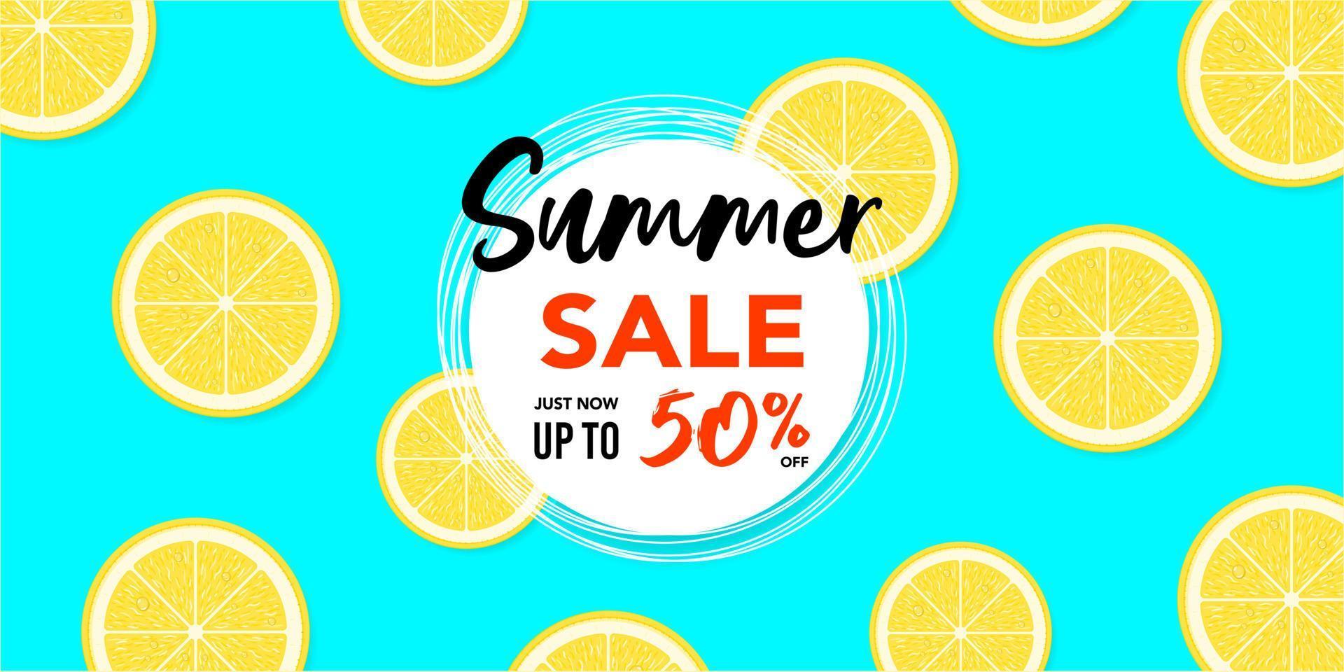 Summer sale poster or banner. White circle with text summer sale and lemons pattern background vector