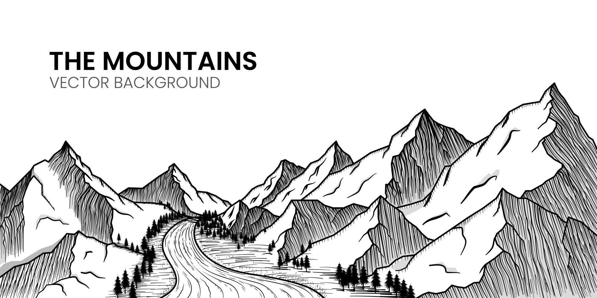 montañas con pinos y bocetos de paisajes fluviales sobre fondo blanco vector
