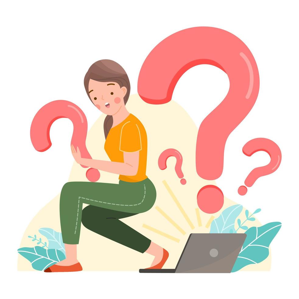 Confused and pensive girl working on laptop, computer with question mark. Misunderstanding young woman need help, asking question for distance work, remote work, faq concept. Flat vector illustration.