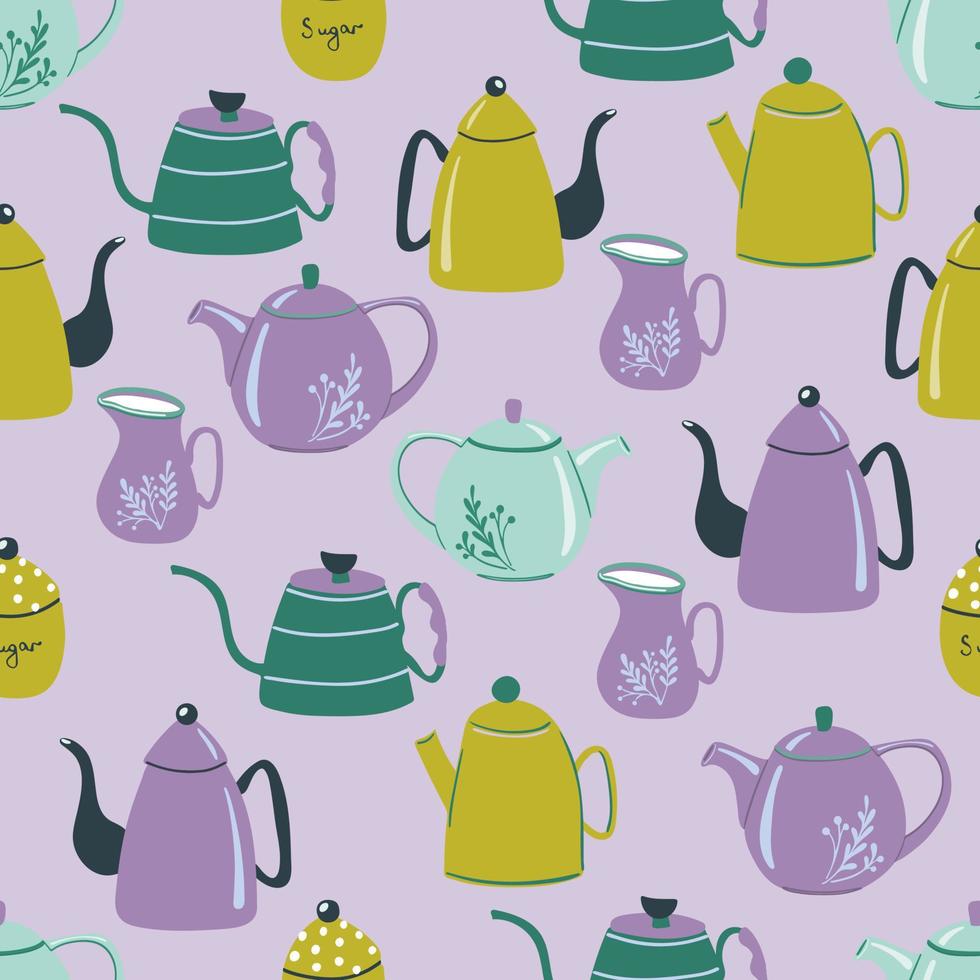 patrón sin costuras con teteras y teteras dibujadas a mano. vajilla de cocina para té y café. Fondo de vector de estilo plano colorido para decoración de tela, envoltura, menú y café.