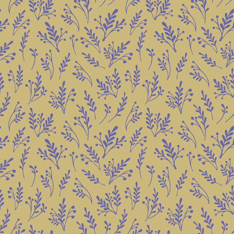Vector seamless pattern with herbs and flowers silhouettes. Botanical retro background in yellow and purple colors. Hand drawn vector illustration for paper, fabric, design.