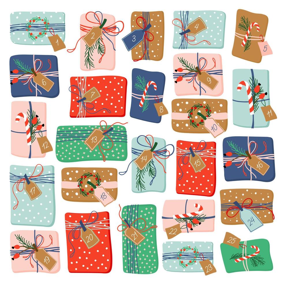 calendario de adviento de navidad. coloridas cajas de regalo dibujadas a mano con números. colección de ilustraciones vectoriales de regalos navideños. vector