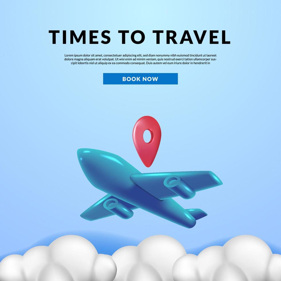 3d blue airplane on the blue sky for traveling poster advertisement vector