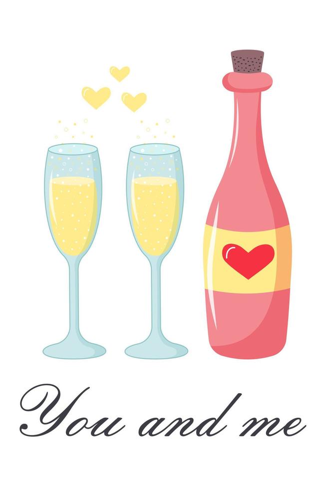 Wine bottle with heart label and two glasses of champagne with sparkling bubbles and yellow hearts. You and me quote. vector