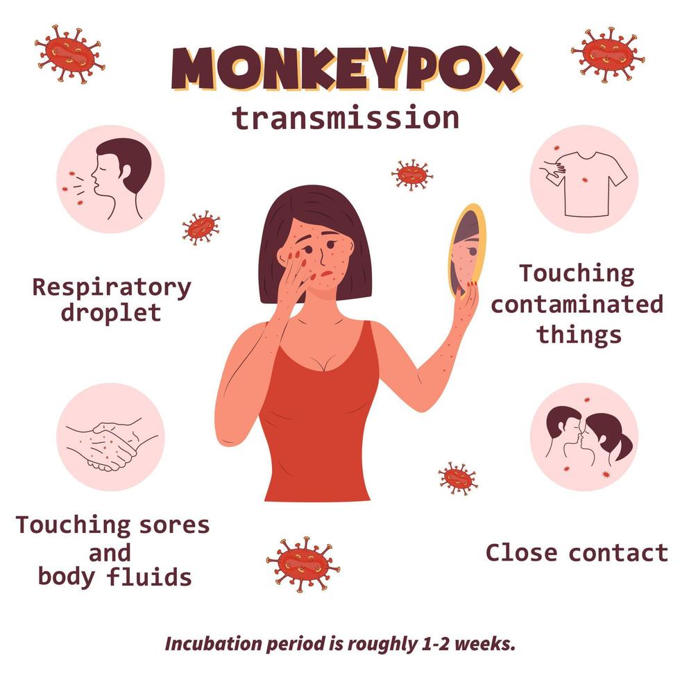 Iconos infográficos de transmisión del virus de la viruela del mono. mujer triste con una erupción en la cara y las manos se mira en el espejo. vector