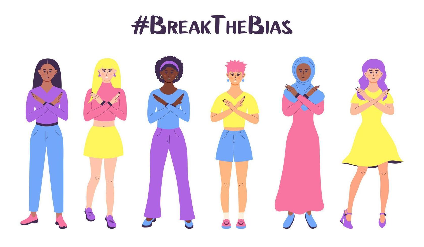 Horizontal poster with a group of women of different ethnic group and skin color cross their arms in protest. Break The Bias. vector