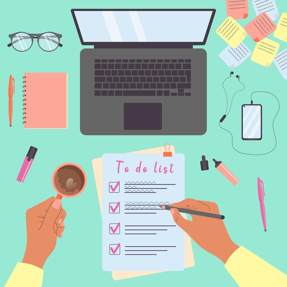 Top view of human hands holding pen and writing down goals to achieve in notepad. Making To Do List.  Effective personal planning and organization. Stationery and office items. vector