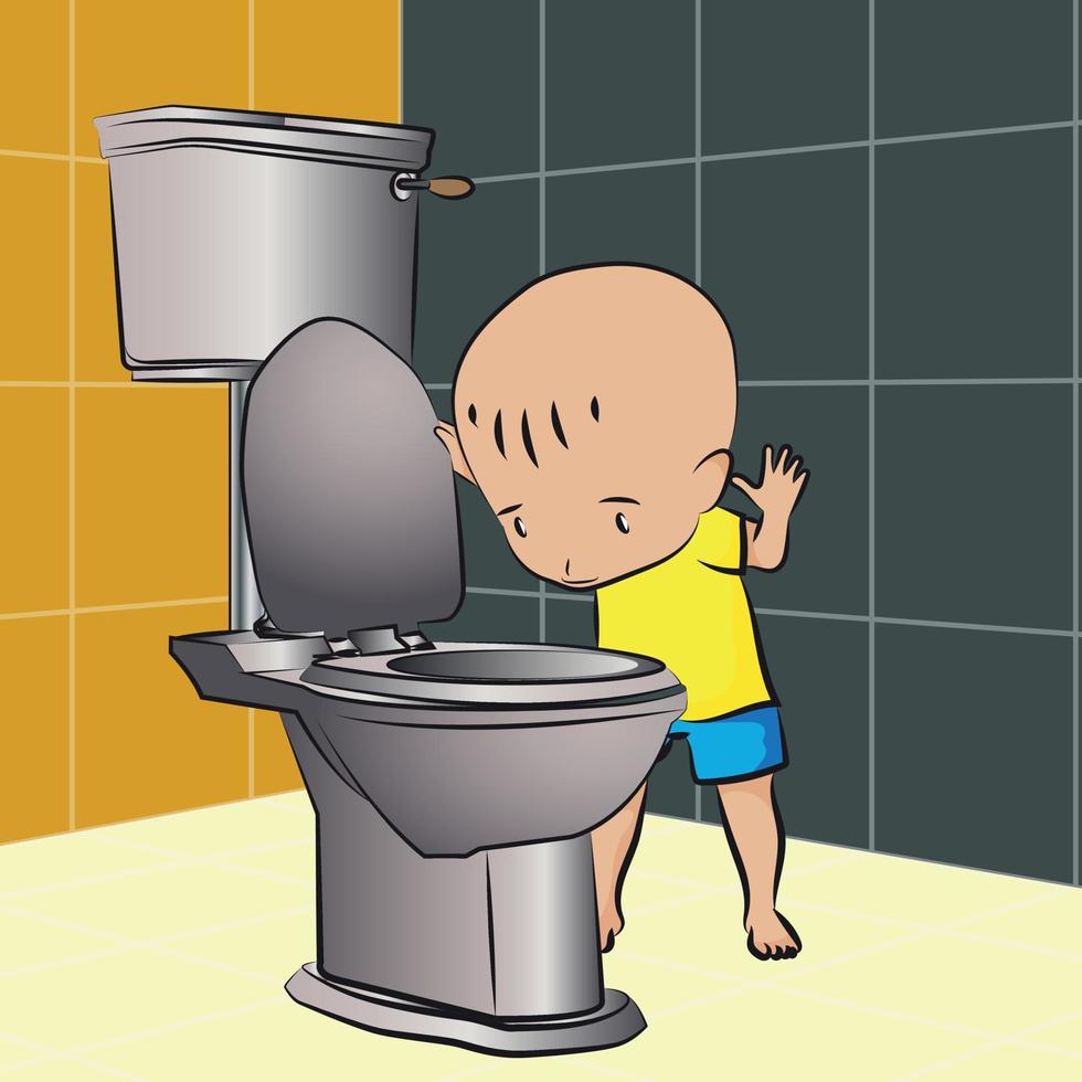 Curious Little Boy Looks In The Toilet vector