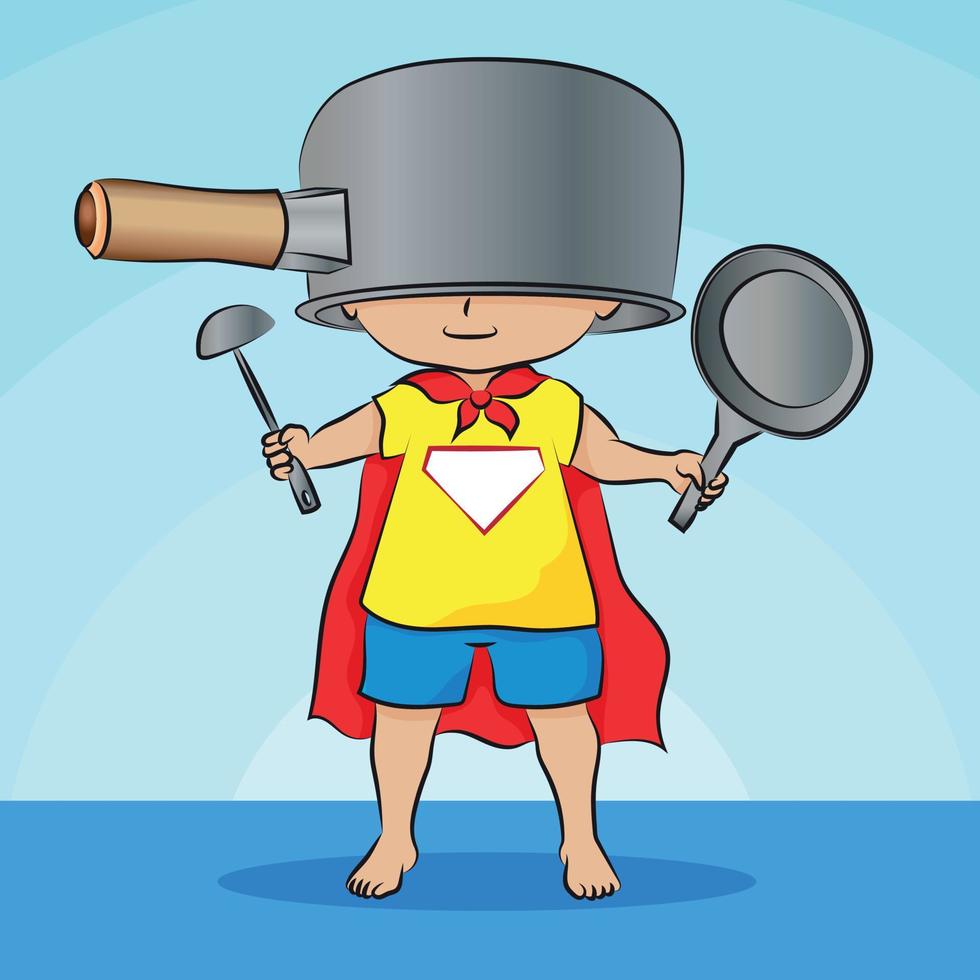 Little Child Plays Superhero With Pots And Pans vector