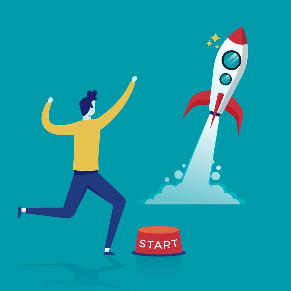 Businessman feels joy to start and launch a rocket. New startup business vector illustration