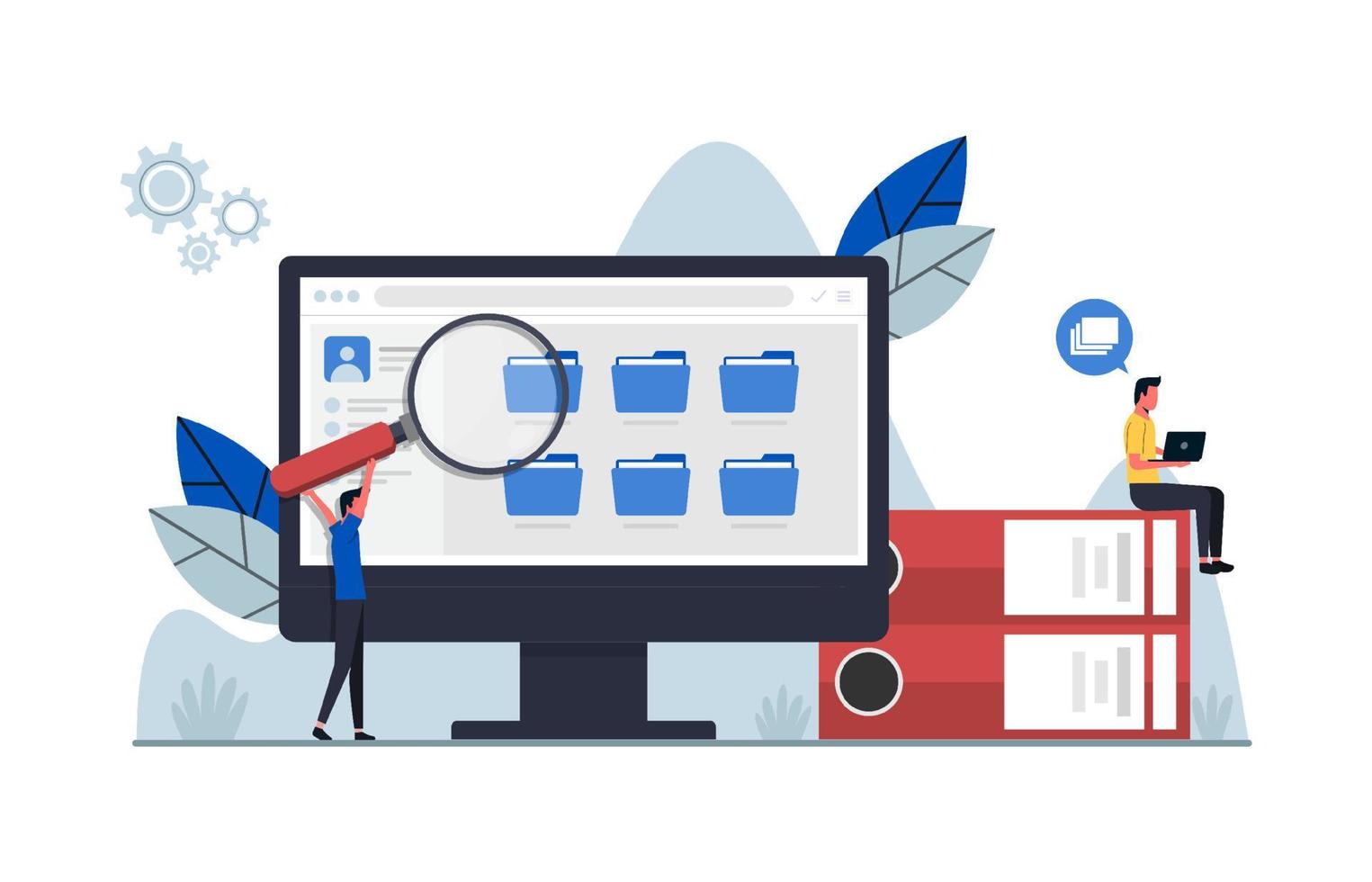 Employees searching and indexing file documents. File manager and data storage concept illustration. vector