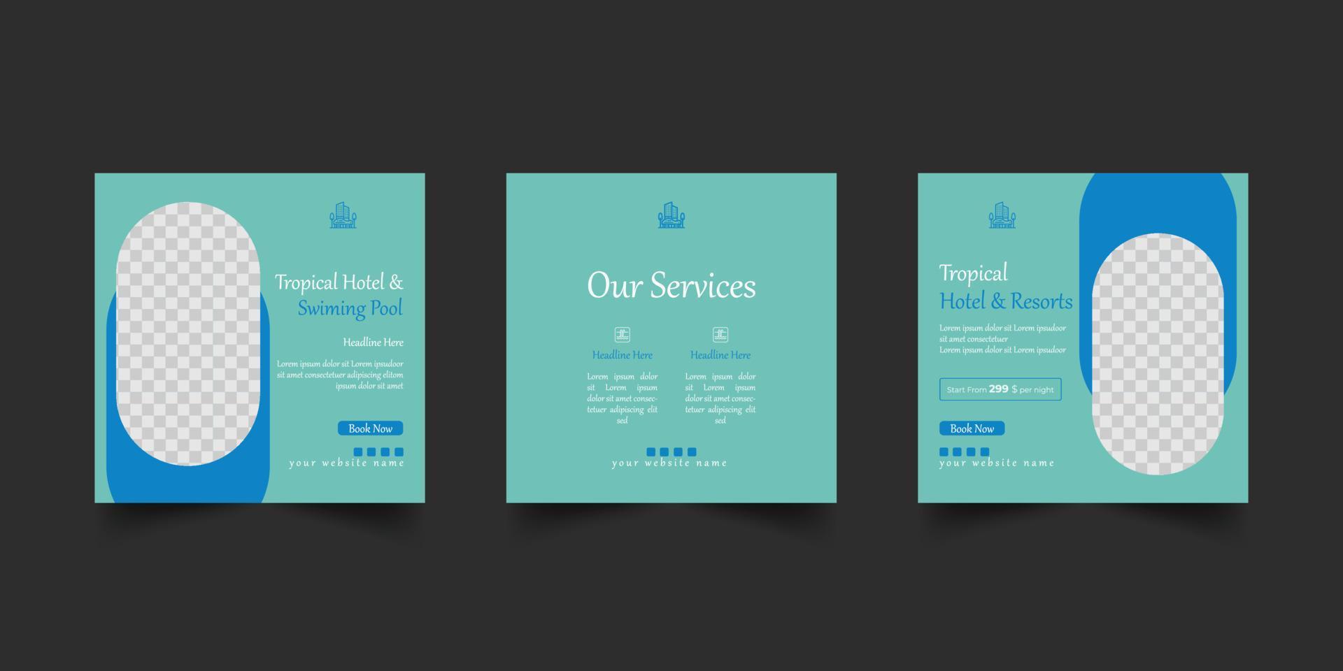 tropical hotel and swiming pool social media post template vector