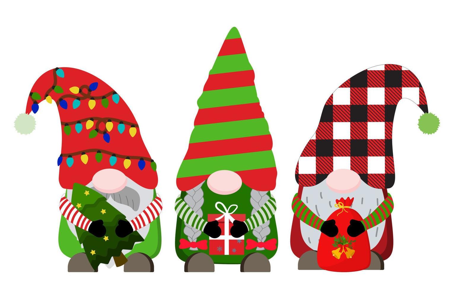 Christmas colorful gnomes with Christmas tree, gift boxes, bag with presents. Vector illustration. Isolated on white background.