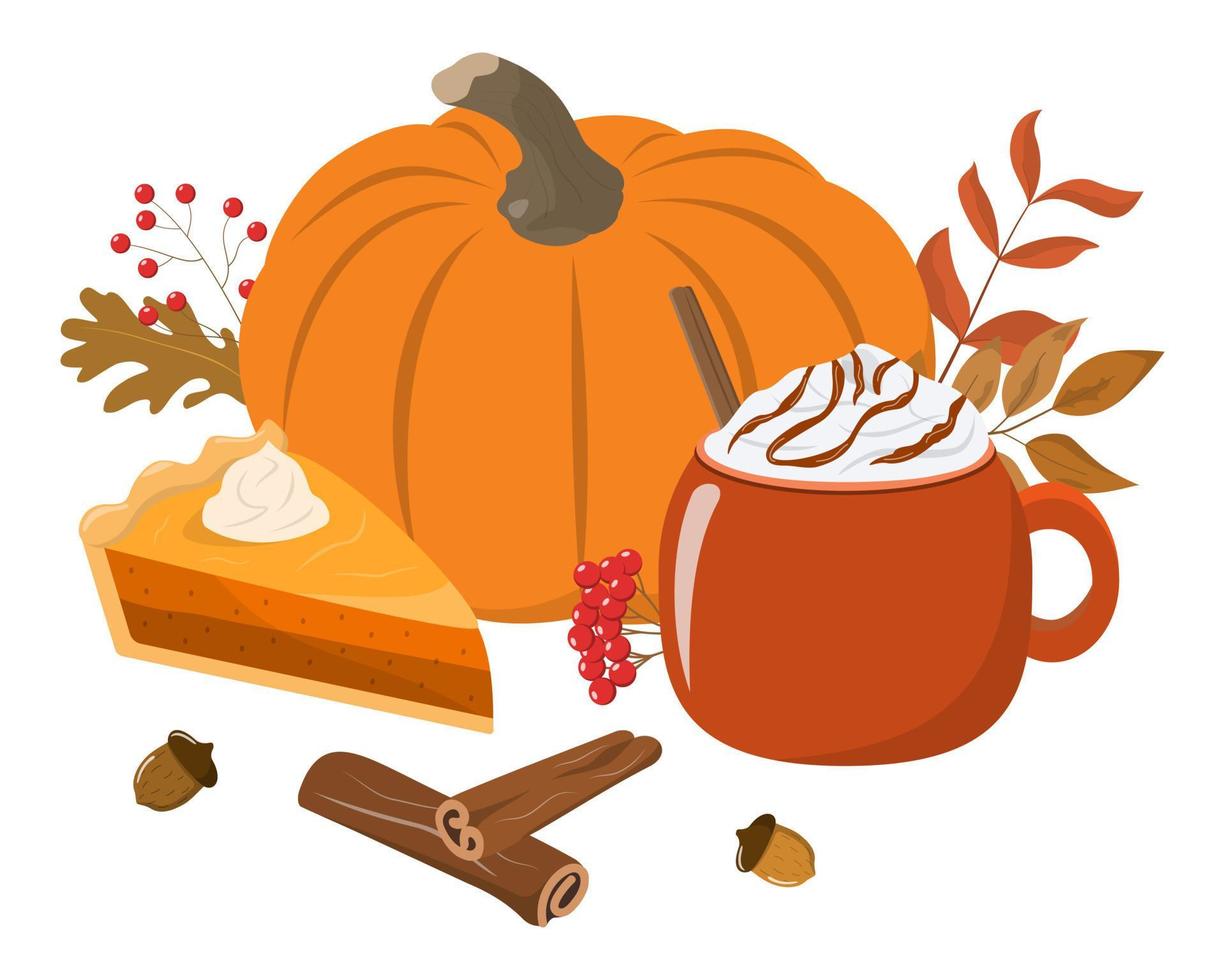 A large orange pumpkin and a autumn spicy drink in a mug and a piece of pie with cream. Cozy autumn vector illustration. Isolated on white background.