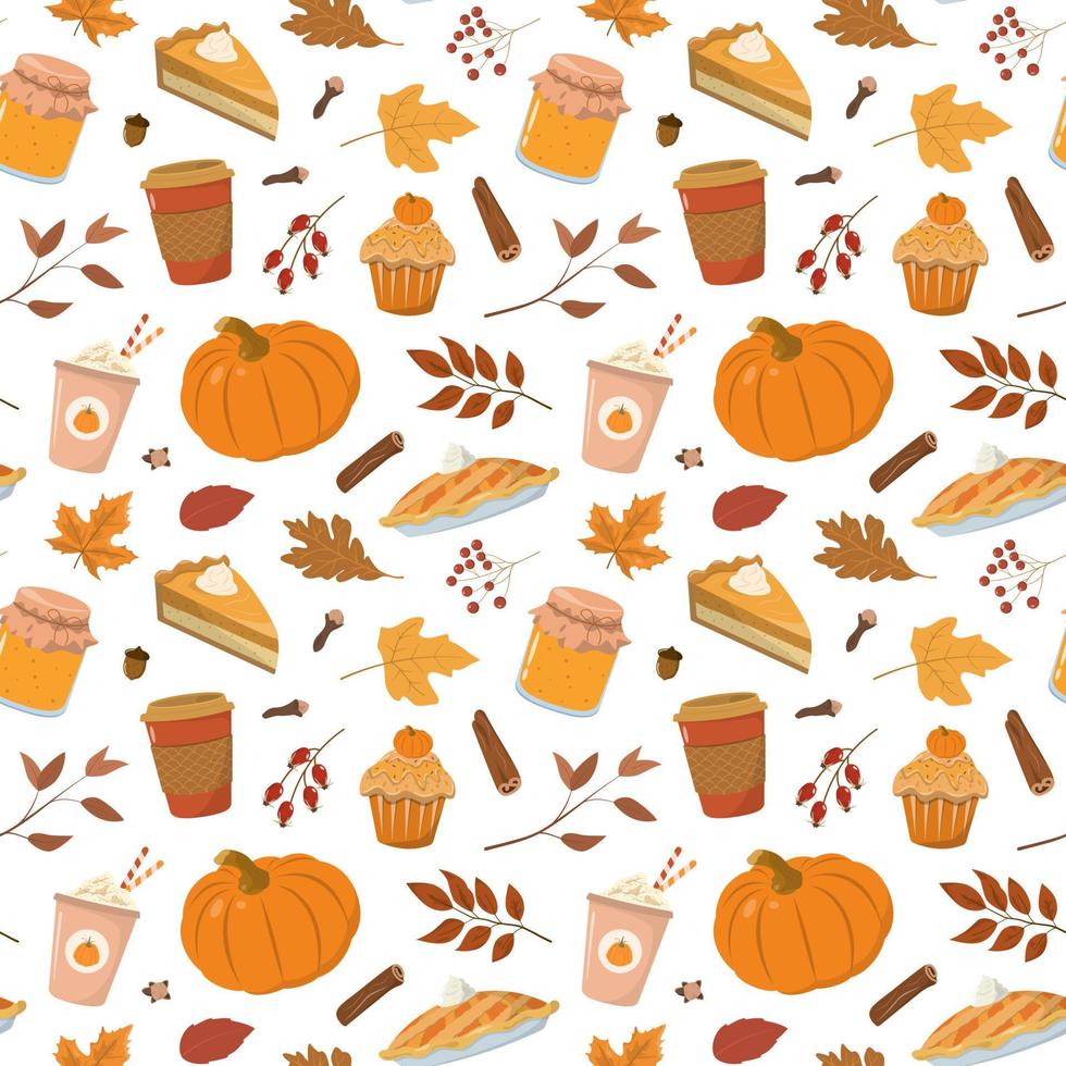 Cute fall mood pattern. Fall seasonal bakery and drinks. Isolated on white background. Cute orange pumpkin, coffee cups, pumpkin pie, cake, leaves. vector