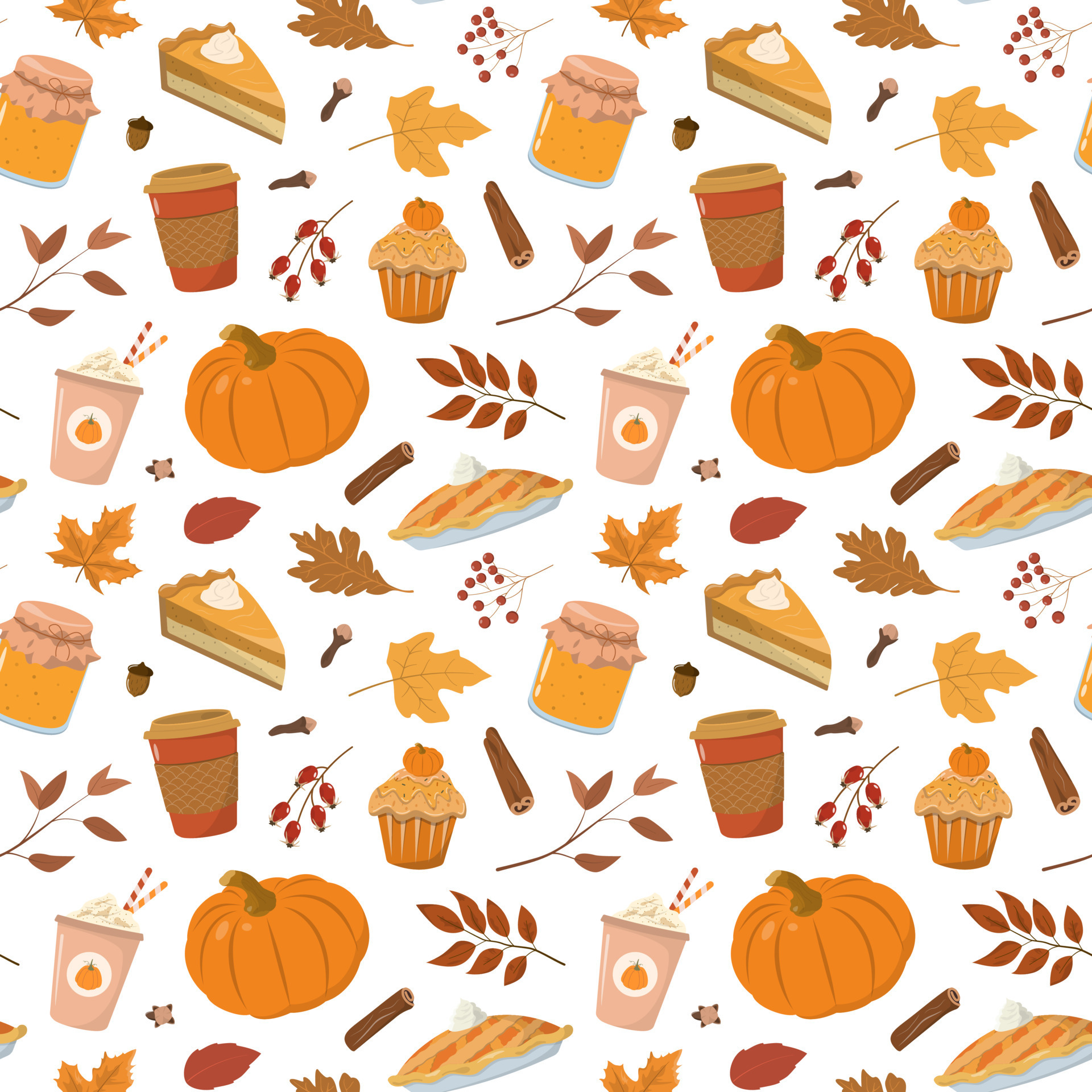 Cute fall mood pattern. Fall seasonal bakery and drinks. Isolated on
