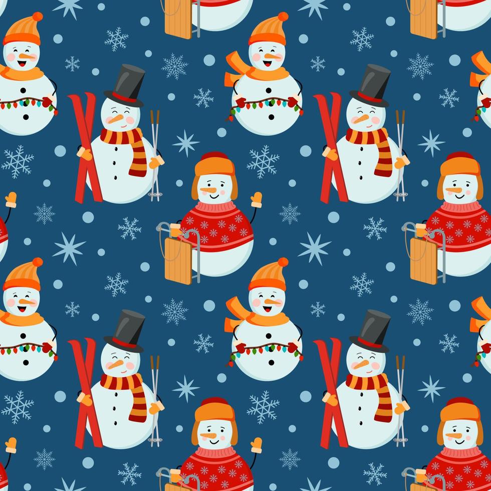 Holiday winter seamless pattern with snowmen holding skis, sled, lights on blue background, Perfect for wrapping paper, winter greetings, background, Christmas and New Year greeting cards. vector