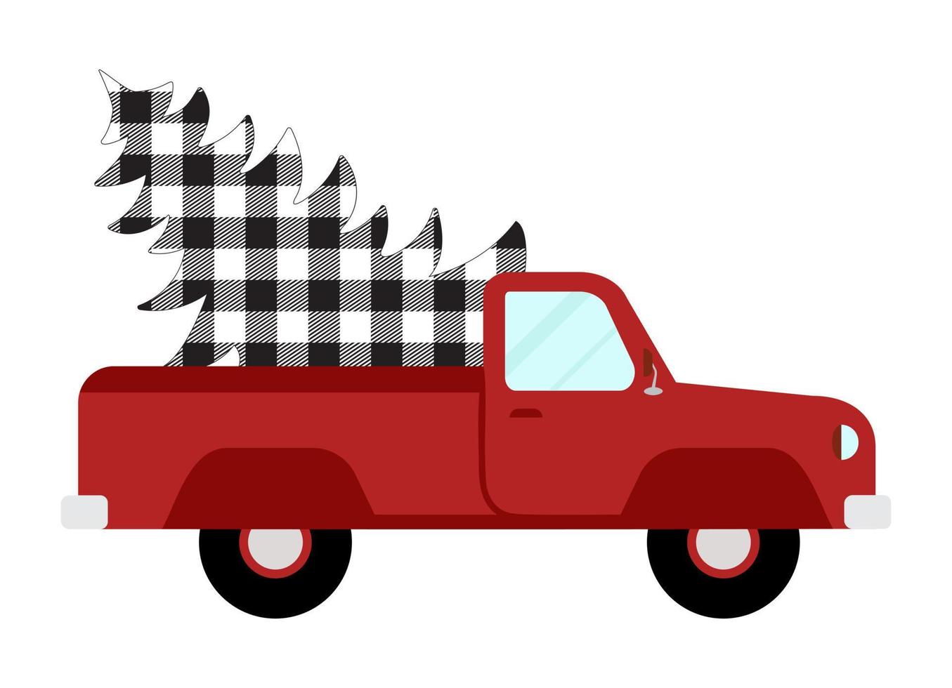 Red truck with buffalo plaid spruce on white background vector