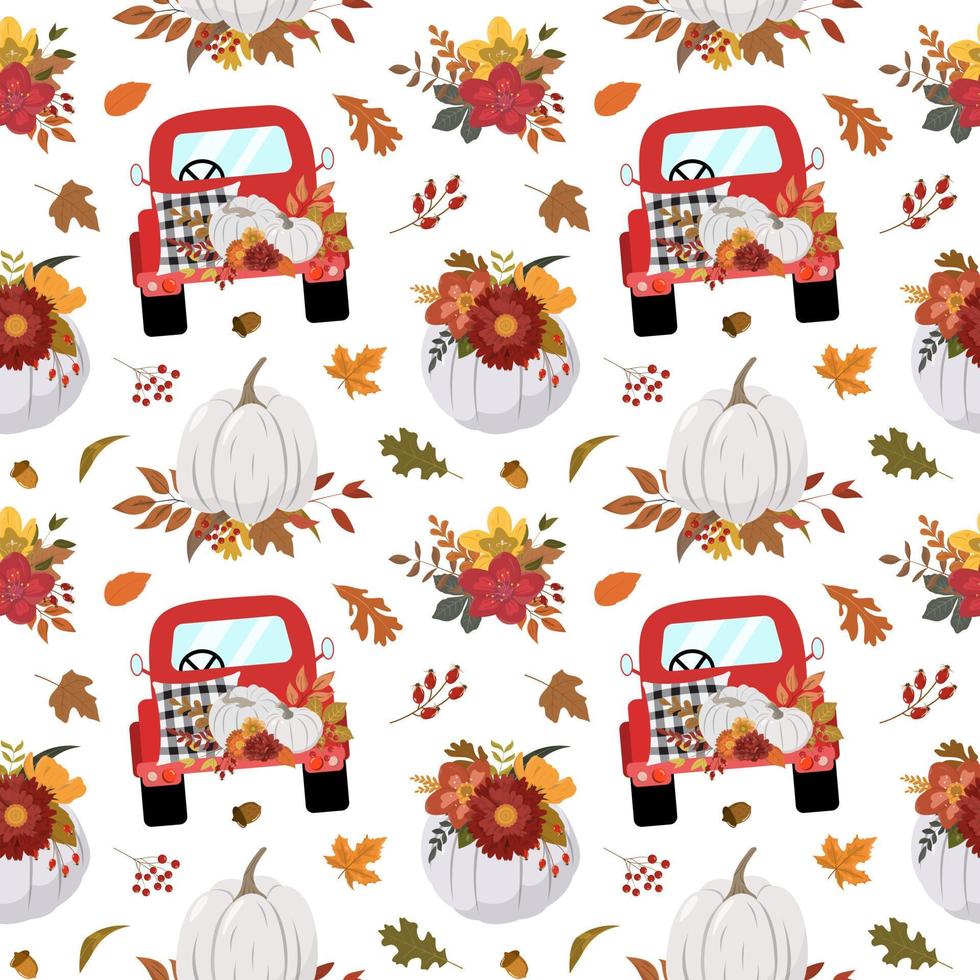 Autumn red pickup truck, pastel pumpkins, floral bouquets, forest leaves. Vector seamless pattern. Isolated on white background. Fall rustic graphic design