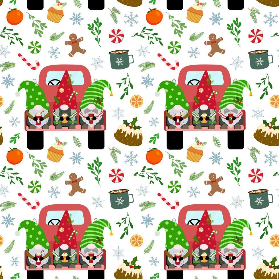 Cartoon Christmas gnomes in red truck, holiday food and drinks, mistletoe and spruce branches, snowflakes. Vector seamless pattern. Isolated on white background.