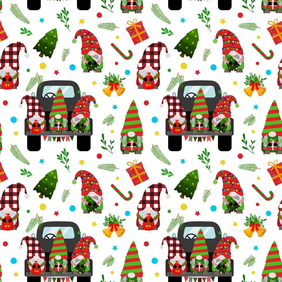 Cute Christmas gnomes in black truck, gift boxes, branches, Christmas trees, bells. Vector seamless pattern. Isolated on white background.
