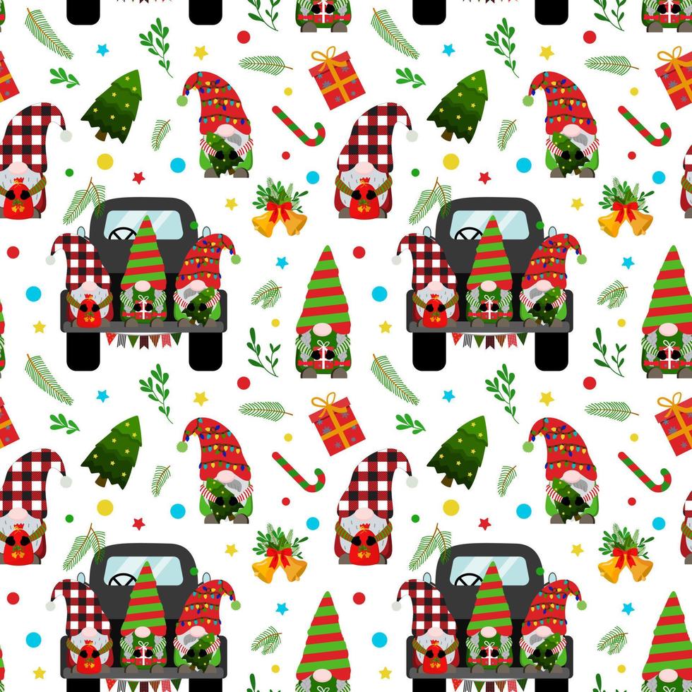 lindos gnomos navideños en camión negro, cajas de regalo, ramas, árboles de navidad, campanas. patrón transparente de vector. aislado sobre fondo blanco. vector