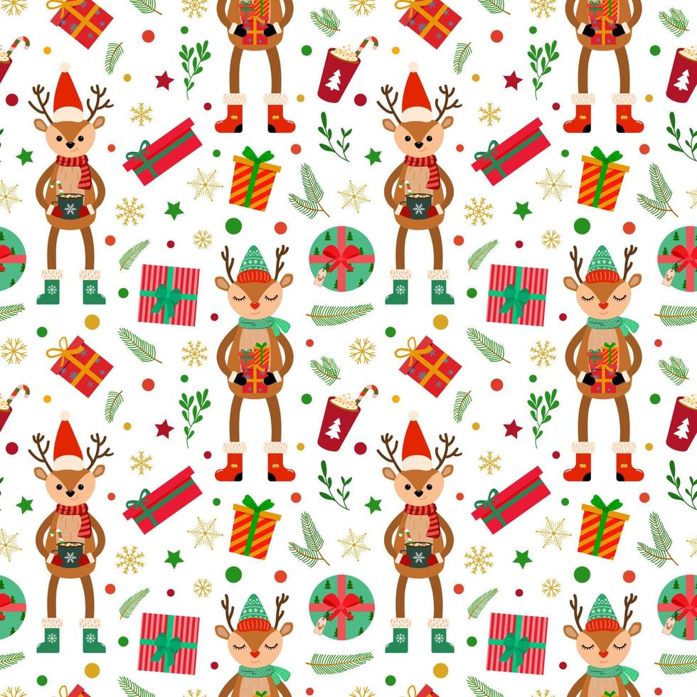 Holiday cartoon deers with gifts, drinks, branches. snowflakes. Vector seamless pattern. Isolated on white background. For wrapping paper, textile, wallpaper.