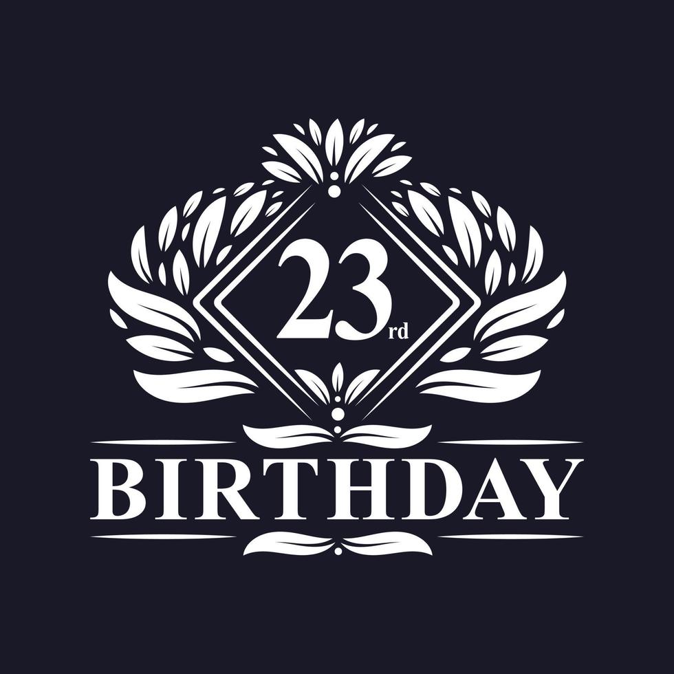 Logotipo de cumpleaños de 23 años, celebración de cumpleaños número 23 de lujo. vector