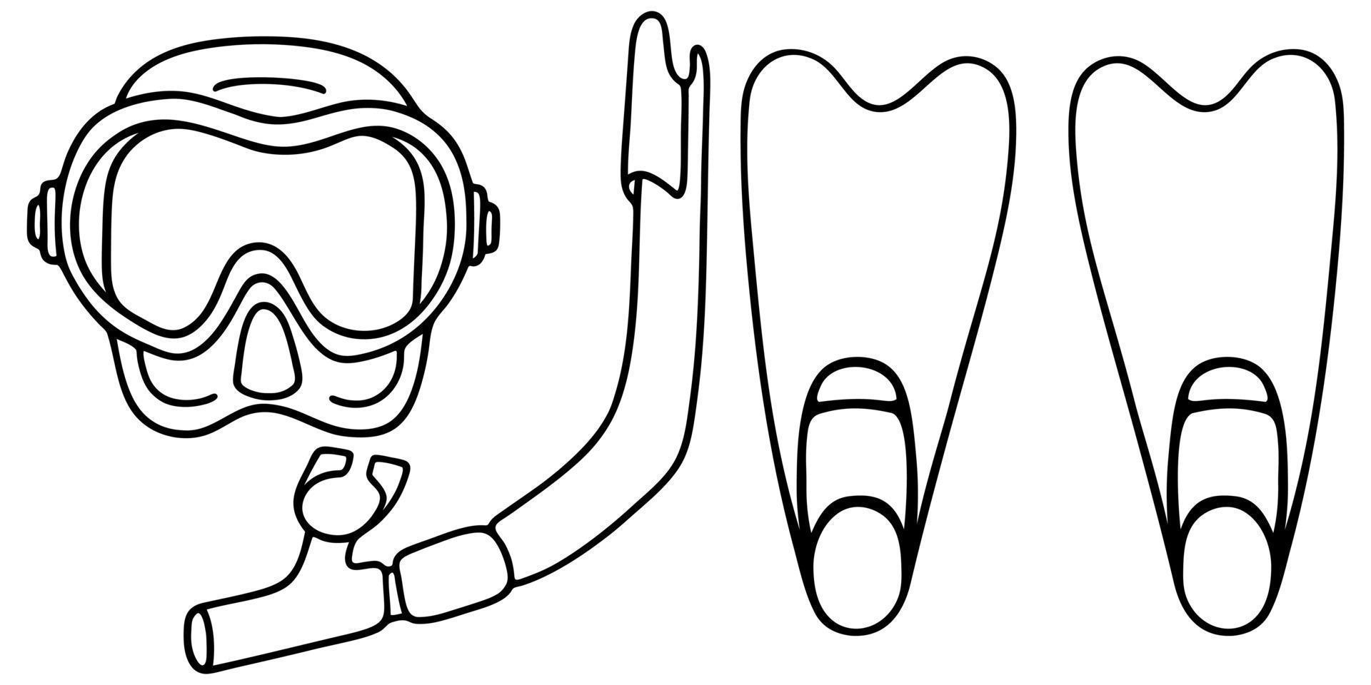 Mask, snorkel and diving fins. Vector set of illustrations. Outline on an isolated white background. Doodle style. Sketch. Equipment for swimming under the surface of the water. Special accessories.