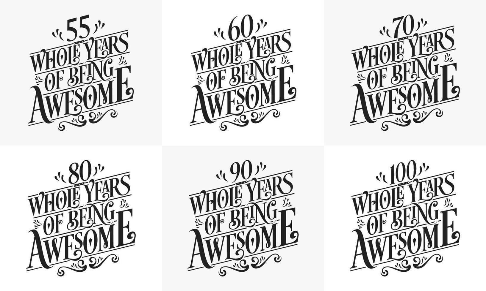 conjunto de diseño de feliz cumpleaños. mejor paquete de diseño de cita de tipografía de cumpleaños 50, 60, 70, 80, 90, 100 años completos de ser increíble. vector