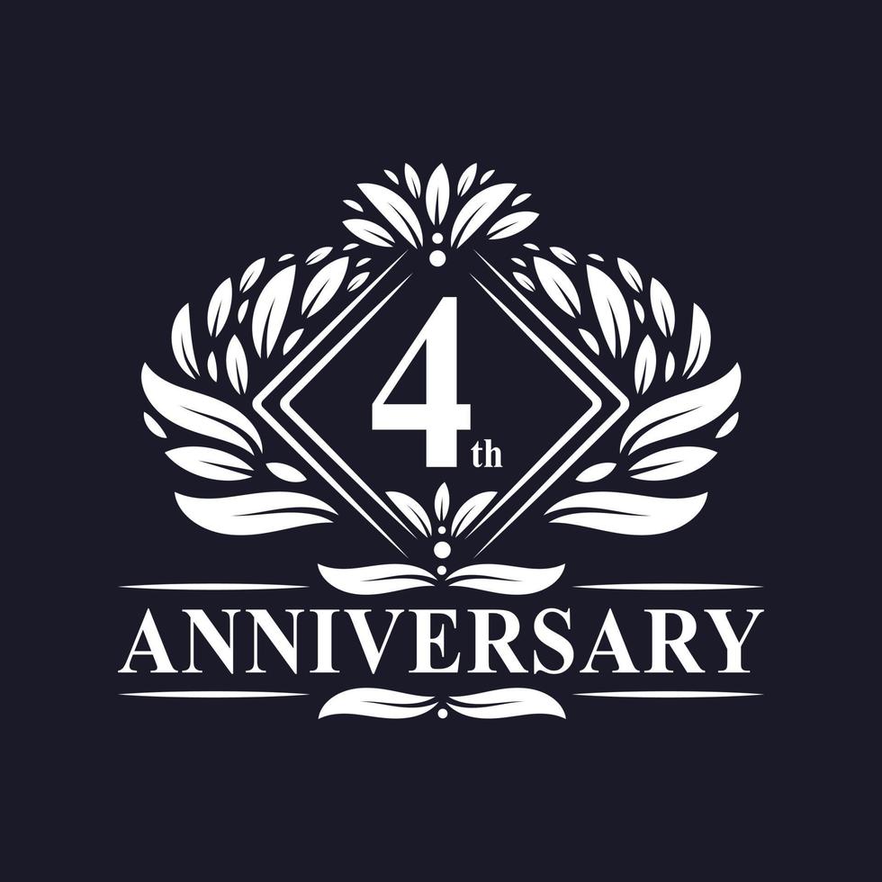 Logotipo de 4 años de aniversario, logotipo floral de lujo del 4º aniversario. vector