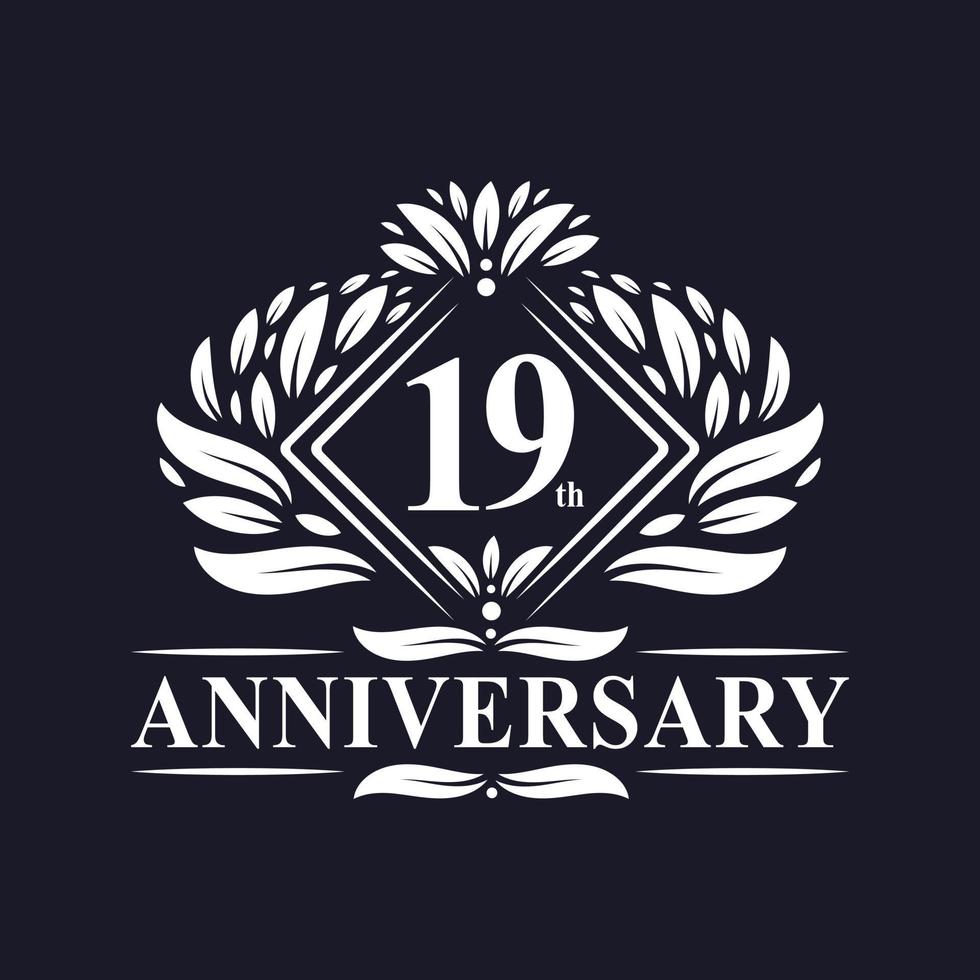 Logotipo del aniversario de 19 años, logotipo floral de lujo del 19º aniversario. vector