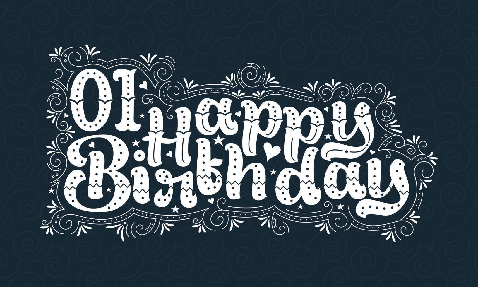 Primeras letras de feliz cumpleaños, hermoso diseño tipográfico de cumpleaños de 1 año con puntos, líneas y hojas. vector