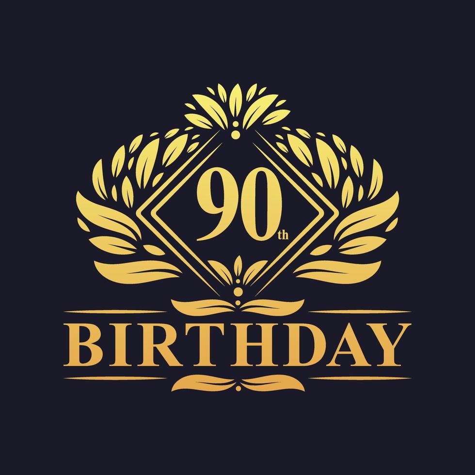 Logotipo de cumpleaños de 90 años, lujosa celebración dorada de 90 cumpleaños. vector