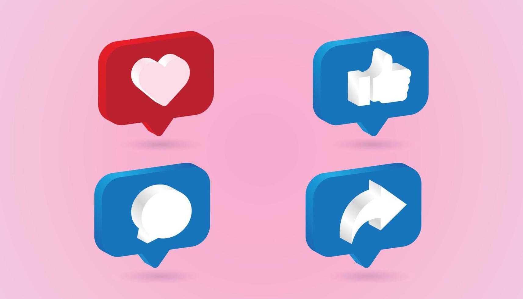 3D Love Like Comment and Share icon with notifications, isolated on pink background. 3D social media notification, Love Like Comment and Share icon design. Vector illustration.