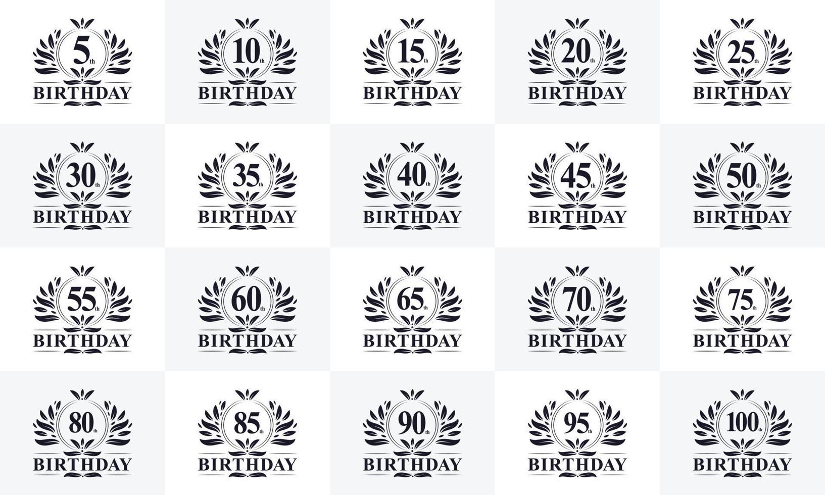 Happy birthday logo bundle. Retro vintage birthday logo set. 5th, 10th, 15th, 20th, 25th, 30th, 35th, 40th, 45th, 50th, 55th, 60th birthday celebration logo bundle. vector