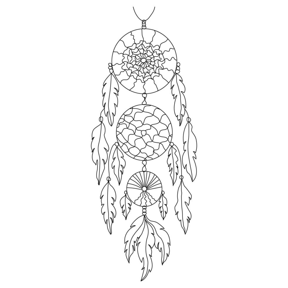 Hand drawn Dreamcatcher with spiderweb, threads, beads and feathers. Native american symbol in boho style vector