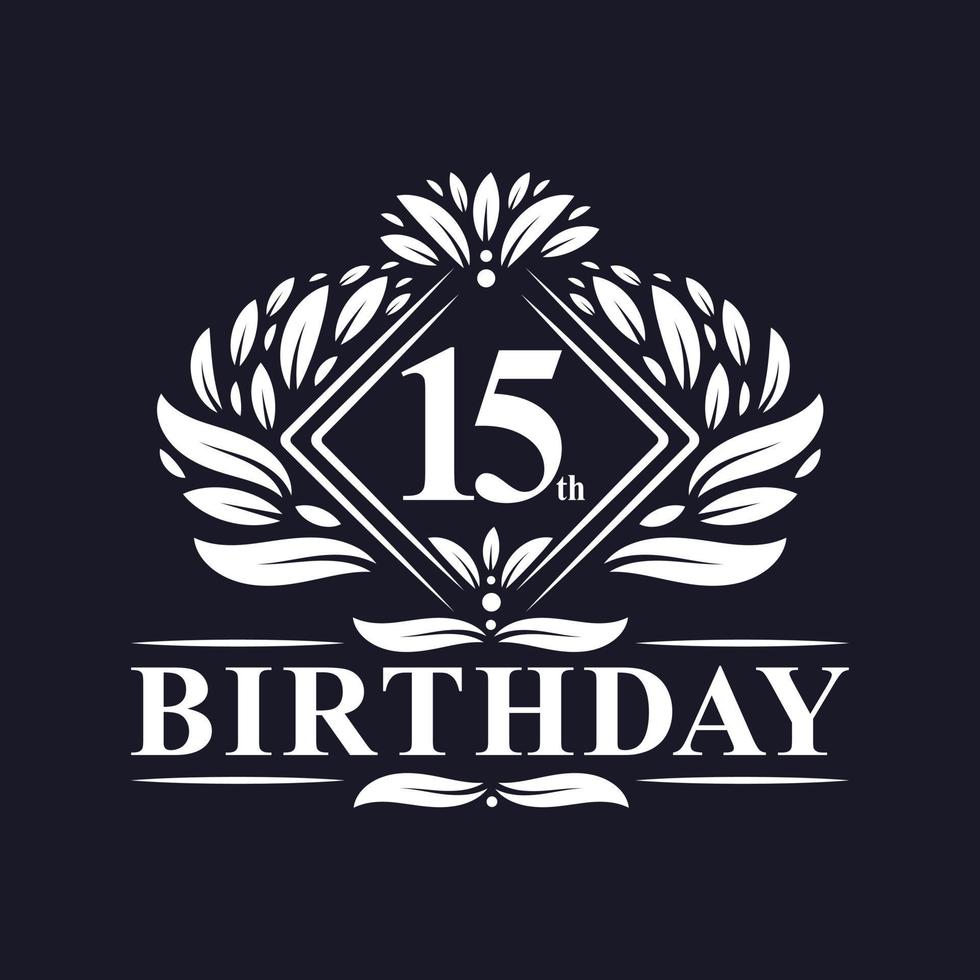 Logotipo de cumpleaños de 15 años, lujosa celebración de 15 años. vector