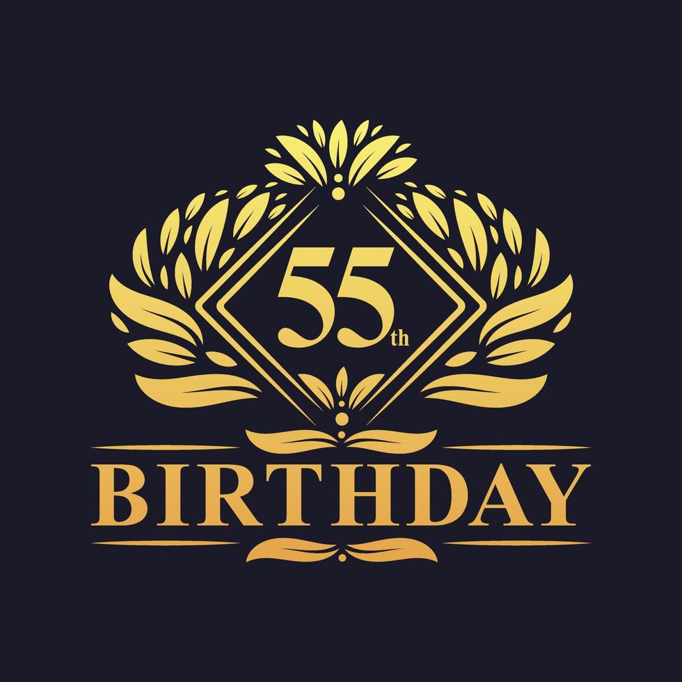 Logotipo de cumpleaños de 55 años, lujosa celebración dorada de 55 cumpleaños. vector