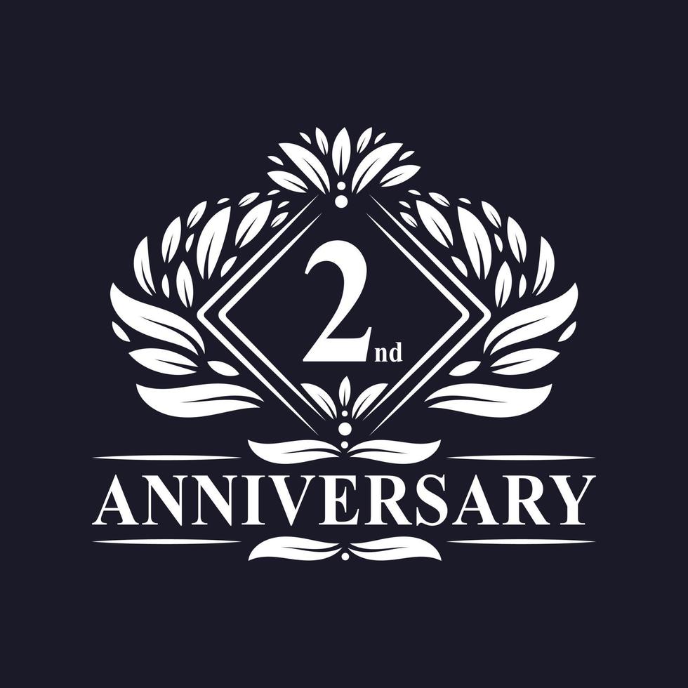 Logotipo de aniversario de 2 años, logotipo de segundo aniversario floral de lujo. vector