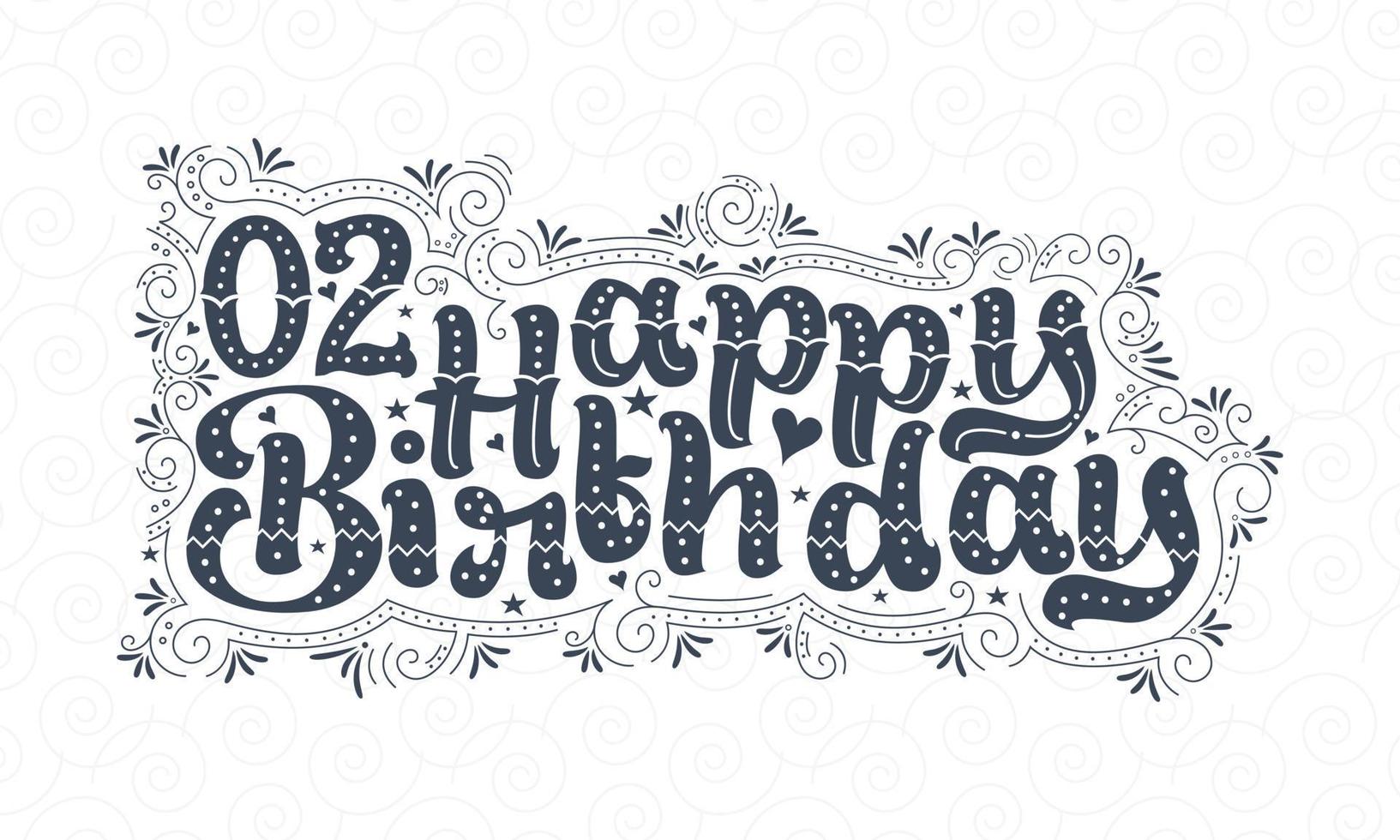 Letras de feliz cumpleaños 2, hermoso diseño de tipografía de cumpleaños de 2 años con puntos, líneas y hojas. vector