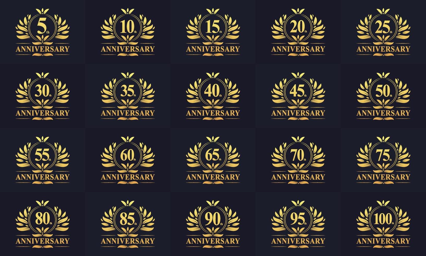 Set of Retro Vintage Anniversary Badge Logo. Collection off Luxurious Golden Anniversary logo for Celebration vector